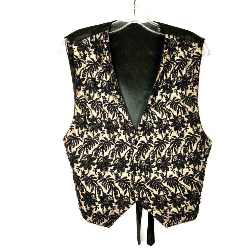 Kenar Black Lined Snap Front Beaded Vest Whimsigoth Festival Size L